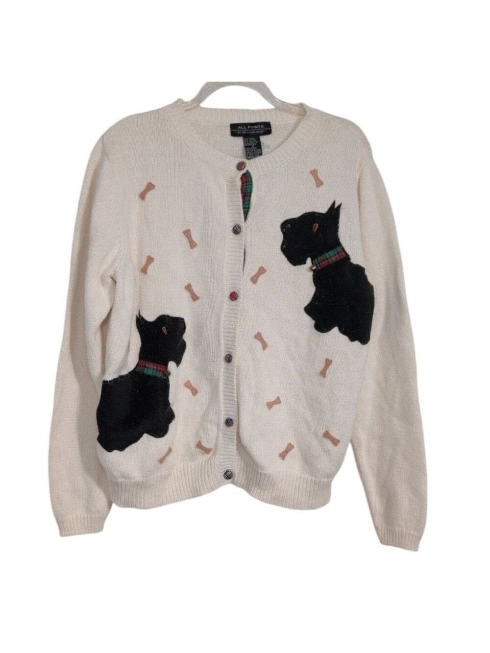 All Points Scottie Dog Cardigan Womens Size Medium Cream Scottish Terrier Bones